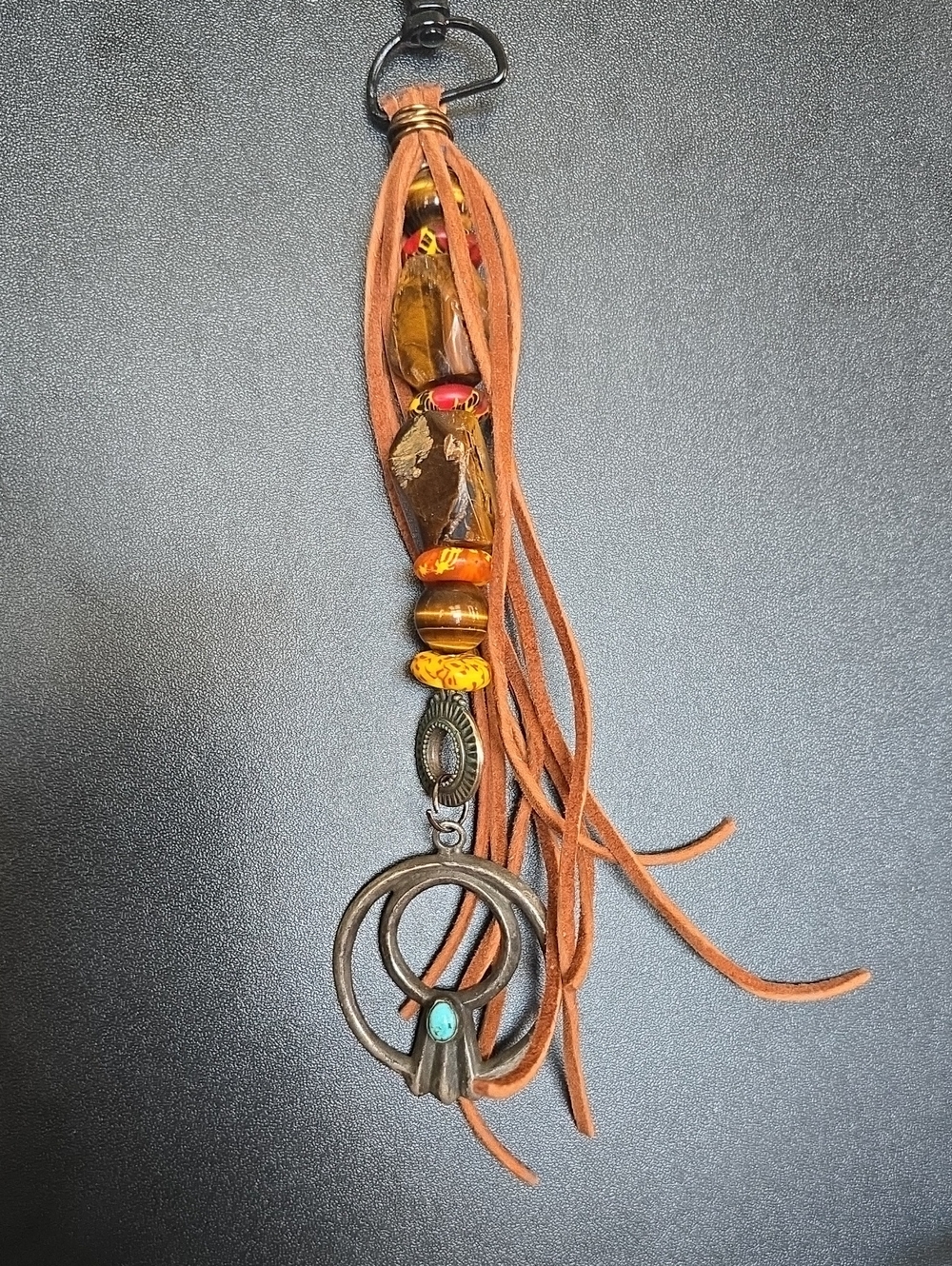 Boho Fringe BAG CHARM/Keychain with Turquoise Accent - Brown & Amber